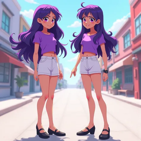 animation style, 2girls, Girl with long purple hair, purple eyes, full body, standing, purple t-shirts, white miniskirt, bare legs, black high heels