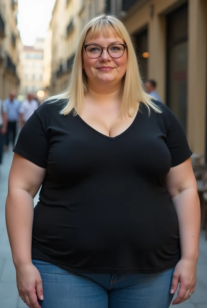 A beautiful morbidly obese busty blonde straight-haired blue eyed woman resembling like a French cinema actress, 21 years old, wearing black V-neck t-shirt showing the cleavage, and denim trousers, having humongous and enormous tits, fat voluptuous and fla...