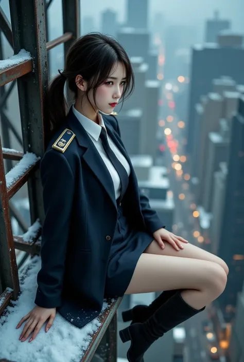 ((Sexy beautiful Japanese woman, a self defense officer uniform, wearing navy blue long coat, white shirts, navy blue tie, navy blue pencil mini skirt, epaulette, Black Thigh-high boots suede boots):1.5), beautiful hip-line, Beautiful thighs, dark brown ha...