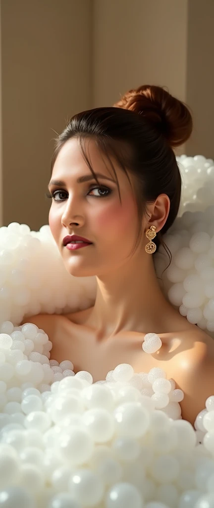 Woman (ethnicity:1.2, age:1.1, detailed clothing:1.0, accessories:1.1, facial features:1.3, expression:1.2, body type:1.1, pose:1.2) in a bathtub,  center-frame,  facing slightly left ,  in a bubble bath; (detailed skin texture:1.2), (expressive eyes:1.2),...