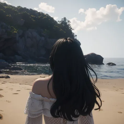 1 girl, look at the sea, wearing white dress, black hair , background sea, eye level cam, disney style, realcartoon 3d, reference the litle mermaid, sky beautiful fantasy, cinematic, epic