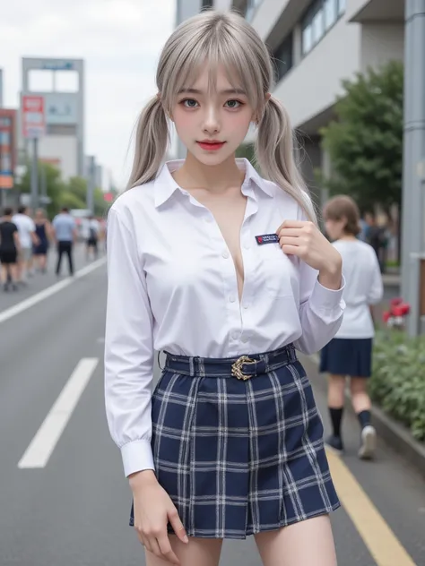 Highest quality, RAW photo, Ultra HD, 18-year-old Korean, glasses beauty, big breasts:1.5, breast crack:1.5, healthy skin tone, fair and smooth skin, (twintails), ((Light brown silver hair)), beautiful eyes in various colors, thin lips, beautiful eyes with...