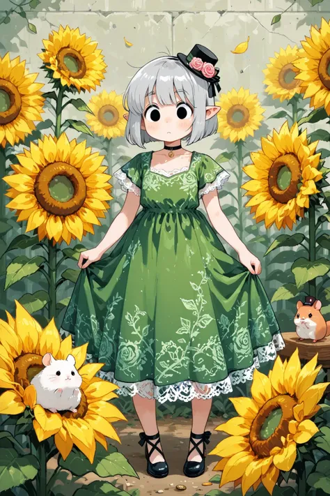 score_9, score_8_up, score_7_up, UHD, Masterpiece, UHD, 1girl\solo\(hamuko-chan, elf, silver bob cut,  mini hat\pink rose\lace, Intricate:1.3\Green leaf dress\frill, lace), BREAK, (Cute animal hamster\animal, Djungarian, round eyes, fluffy fur), BREAK, BRE...