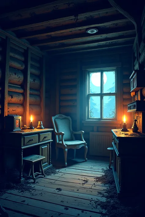 Create an abandoned cabin interior background at night in SEGA style