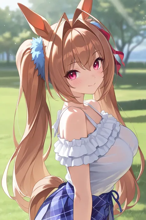 very awa, masterpiece, best quality, newest,  highres, absurdres、 There is only one 、 Daiwa Scarlet、Uma Musume　 Daiwa Scarlet、 twin tails、Reddish brown hair、 c cup breasts、light brown hair、white ruffled clothes 、 pale light blue skirt 、Outdoors、Lush green ...