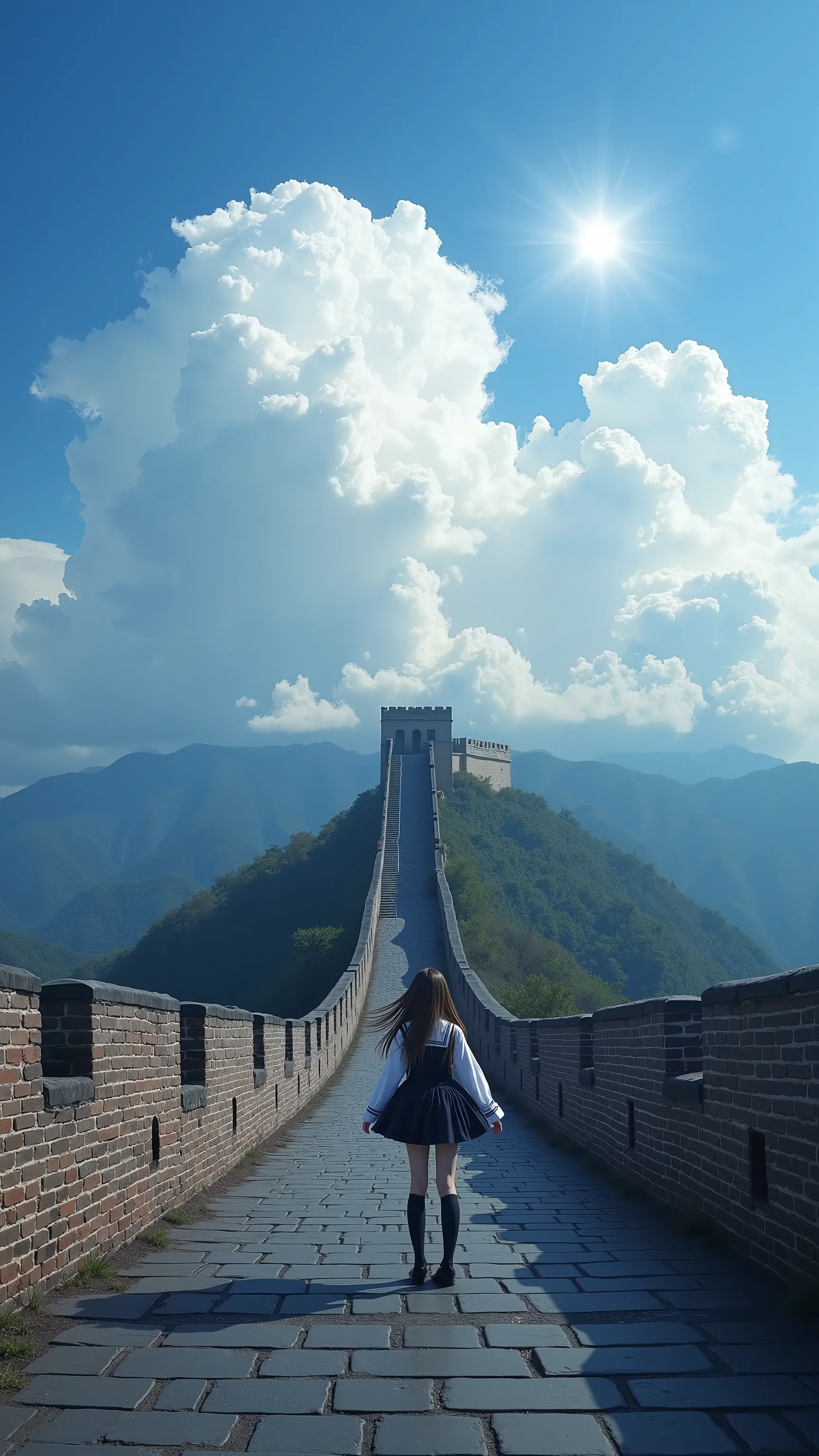 A high resolution photograph of Asuka in school uniform with long hair.
She stands with spread legs apart on the Great Wall of China, with the beacon towers and mountains in the background. The strong wind make her hair flutter. There are huge cumulonimbus...