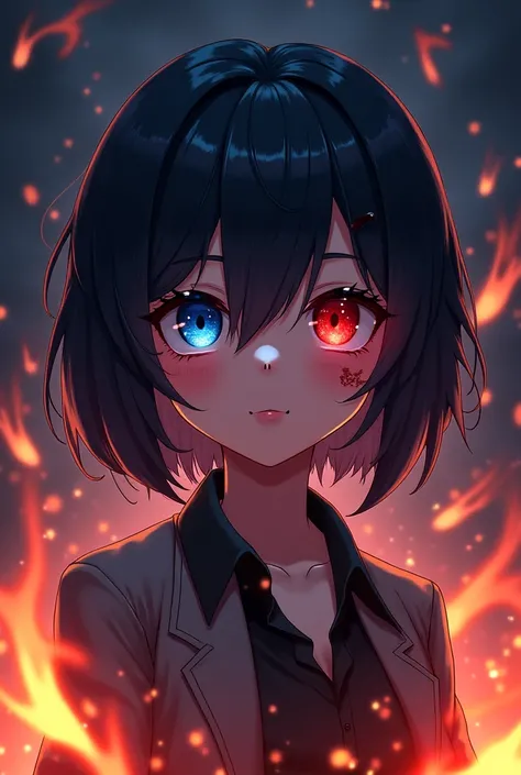  Create an image of an anime girl with short dark hair, right eye sky blue,  left eye red  ,wound and dark flames in the background  