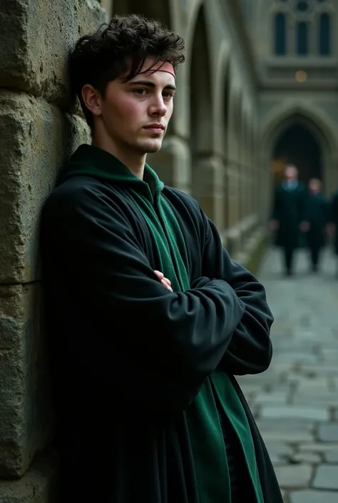 A male Harry Potter character with fair skin, short curly black hair, brown eyes, tall and fit. A Slytherin student leaning on a wall at Hogwarts Castle, wearing black and green robes. Dark ambiance.