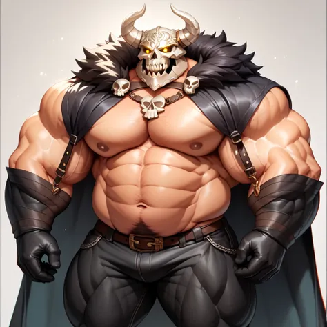 a man with a big giant musclegut tall wide body and big round gut using black cape, black pants, black gloves and skull helmet which cover every of his face. standing still, solo, very big body, very tall body, very wide body, very muscular body, very fat ...