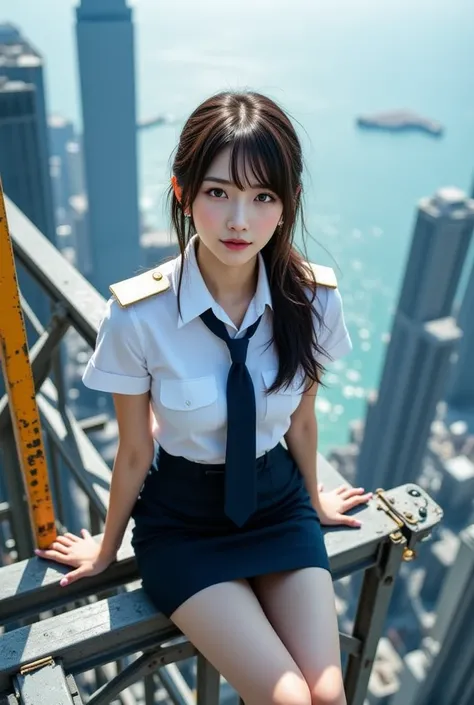 Sexy beautiful Japanese woman, a self defense officer uniform, wearing a white short-sleeved shirts, navy blue tie, navy blue pencil skirt, Black patent high heels, beautiful hip-line, Beautiful thighs, brown hair, bangs, floating hair, low ponytail, smile...