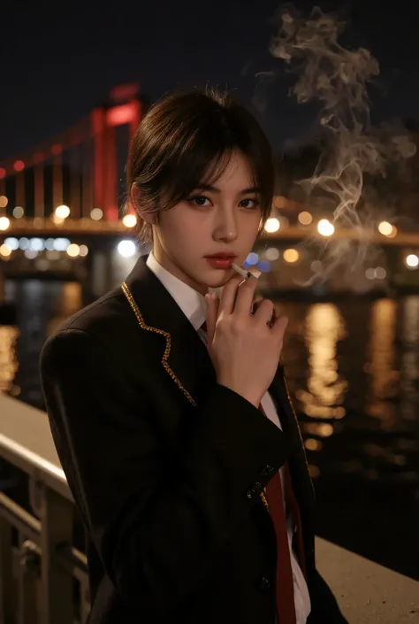 A young man with tousled dark hair and sharp facial features stands on a dimly lit bridge at night, exuding a rebellious and mysterious aura. He wears a stylish black and gold-trimmed school uniform with a red tie, resembling an elite academy student. Hold...