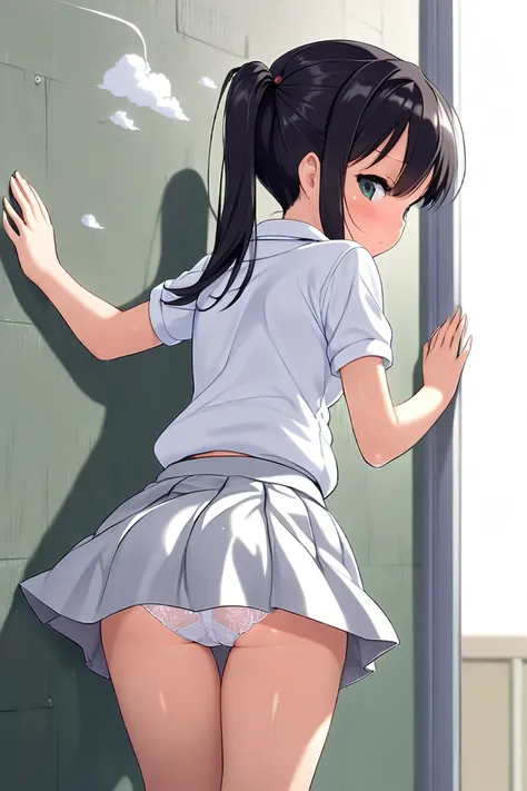 cute, , girl, 1st grade junior high school student, black hair, Twin tails, school uniform, white polo shirt, vest, miniskirt, white high socks, medium bust, ((Back view)), ((slouch)), (Put hands on the wall), (((loli))), School corridor, ((shiny skin)), (...