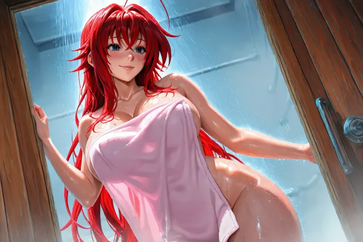 Rias Gremory (DxD), 1 girl, demon girl, blue eyes, red hair, In a towel, blush, big breasts, In the bathroom, shower cabin, Taking a shower, soft lips, Ultra HD eyes,Super HD eyes, Ultra HD body,Super HD body,Hyper-realistic body, Enticing, Sexy look, look...