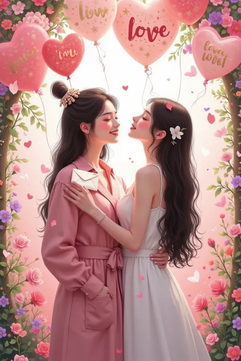 romantic valentine，A pair of sweet lovers， girl holding an envelope in her hand,  Happy Smile ，Love Balloons ， falling petals。 Official Fan Work , spring