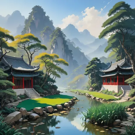 Aesthetic ,  extremely detailed, reputed, riceasterful, painting, Medium shot, existu Guanzhong's style, Thoughtful,  traditional Chinese  art materials, Tranquil surroundings , natural light, rice纸, ink,  traditional Chinese , Impressionism,  capturing th...