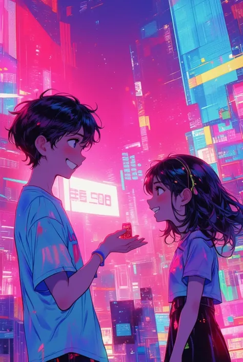 Illustration with a bright and pop atmosphere. The main character, a girl, is offering a small present, but she has a somewhat devilish smile on her face. The background is colorful and sparkling with digital effects (glitch effects, etc.). Based on 80s-st...