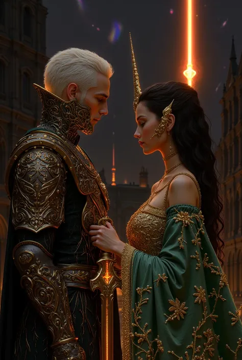 A stunning work of fantasy art close-up photos of faces,  realistically styled with dark touches , featuring the faces of a graceful pair of lovers.   The man has short, neat white hair ,  wearing intricate black and gold armor with sharp details ,  holdin...