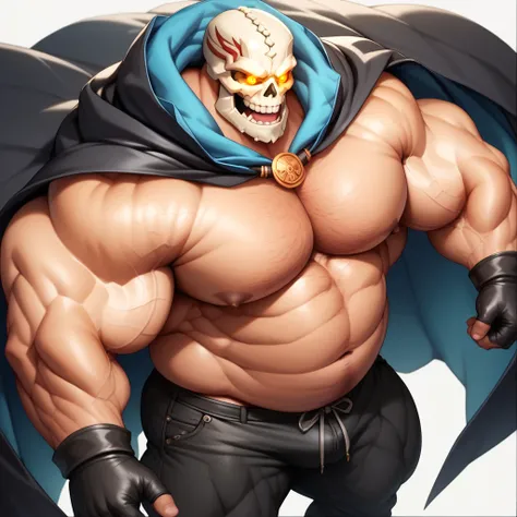 a man with a big giant musclegut tall wide body and big round gut using black cape, black pants, black gloves and skeleton head which cover every of his face. solo, very big body, very tall body, very wide body, very muscular body, very fat body, big belly...