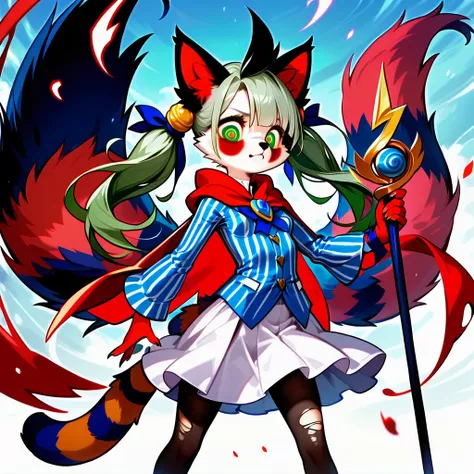  Furry female Anthro Red-Panda Magician ,  sexy young figure ,  magician's torn robe after a battle ,  visible chest , papillae are visible, Furry female Antro Red-Panda, in the hands of a battle magician's staff, casts the magic of death,  Furry female fl...