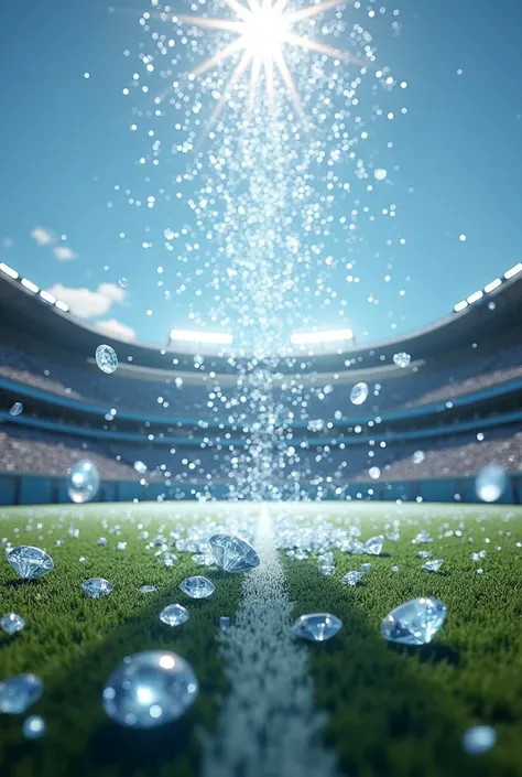 crystals diamonds Swarovski falling on NFL football training field daytime sunshine