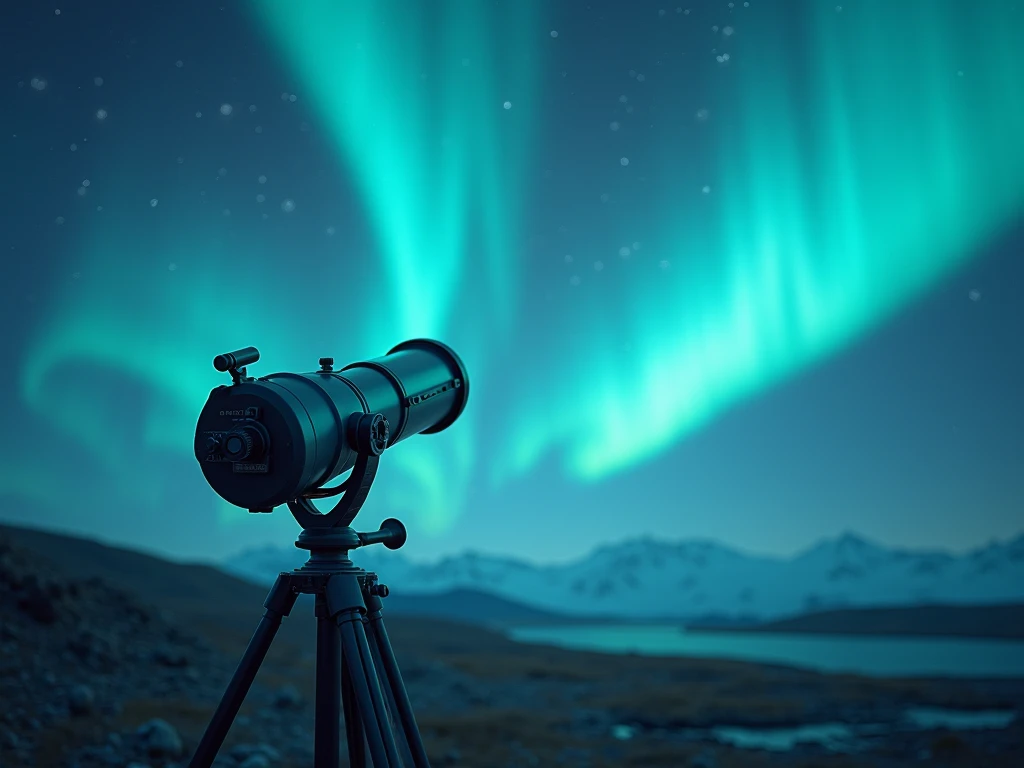  photorealism:1.2, Telescope and polar rays looking at the night sky from the ground