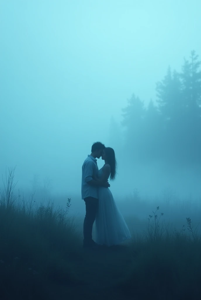 Blue fog landscape where a couple are hugging each other