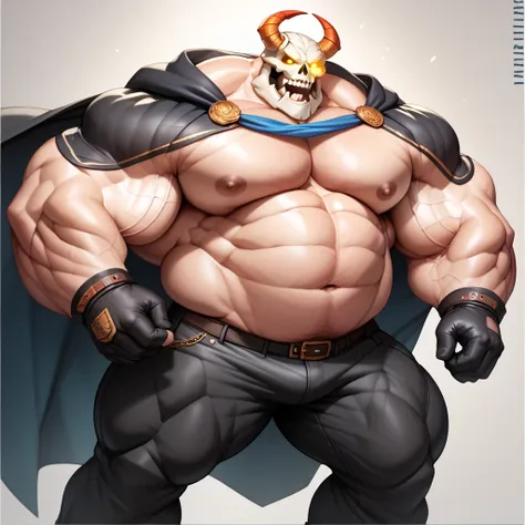 a man with a big giant musclegut tall wide body and big round gut using black cape, black pants, black gloves and skeleton head which cover every of his face. solo, very big body, very tall body, very wide body, very muscular body, very fat body, big belly...