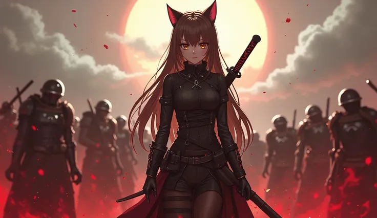 Anime Girl with long brown hair,  with brown eyes, with cat ears and tail and a bloody katana behind his back, walks across the battlefield where there are a lot of bloody bodies in armor and everything looks into the eye in cyberpunk style, and Nastya is ...