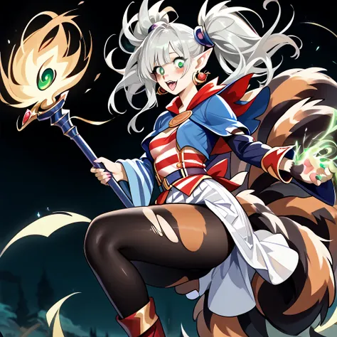  Furry female Anthro Red-Panda Magician ,  sexy young figure ,  magician's torn robe after a battle ,  visible chest , papillae are visible, Furry female Antro Red-Panda, in the hands of a battle magician's staff, casts the magic of death,  Furry female fl...