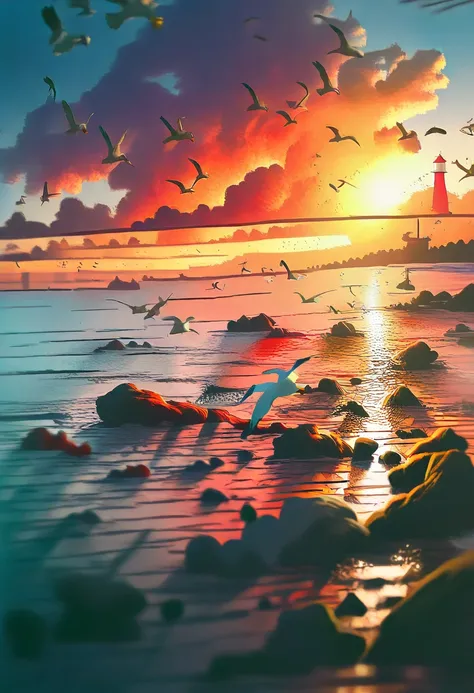  A beautiful sunset over the ocean , Crimson and golden clouds reflecting in the water ..,silhouette of a lighthouse in the distance ,Gentle waves breaking on the shore, Seagulls flying in the sky ,Stunning colors and nuances,paint, ultra detailed, soft br...