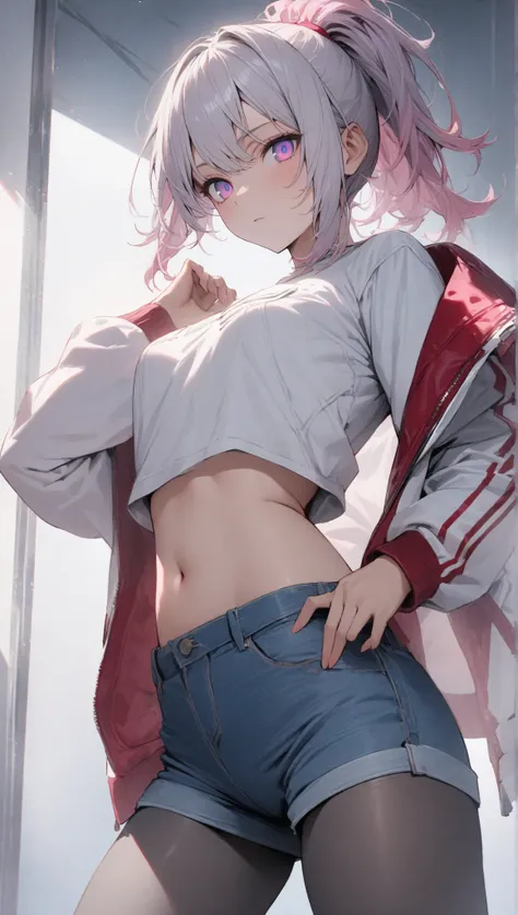 ((masterpiece)), ((best quality)), extremely detailed face, ((extremely detailed)), best pose,
a handsome girl, solo, 25 years old,
silver hair, pink hair, ponytail, violet eyes, bright eyes,
((light red midriff jacket)), open jacket, shirt, denim shorts, ...