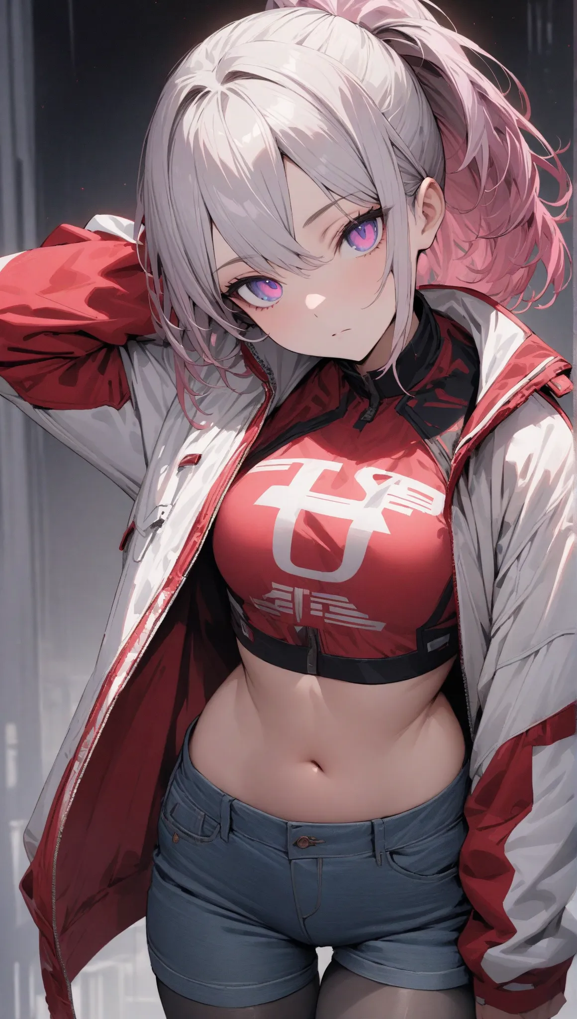 ((masterpiece)), ((best quality)), extremely detailed face, ((extremely detailed)), best pose,
a handsome girl, solo, 25 years old,
silver hair, pink hair, ponytail, violet eyes, bright eyes,
((light red midriff jacket)), open jacket, shirt, denim shorts, ...