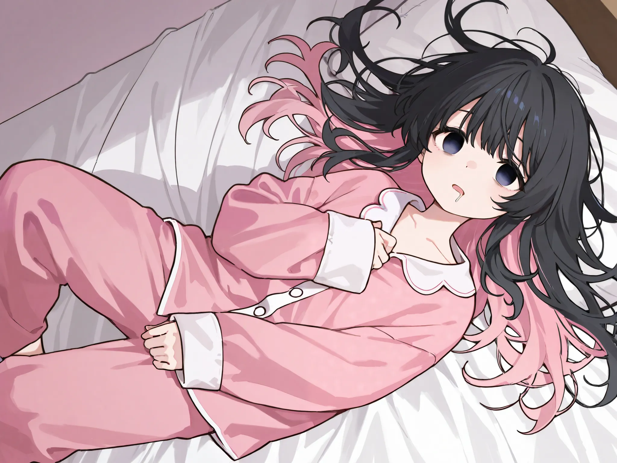  1 girl、 black hair、Undressed Long Hair 、 pastel pink inner color、fluffy pink long sleeve pajamas、 lying in bed 。 Empty Eyes、 is drooling。 angle from above、 is weak。