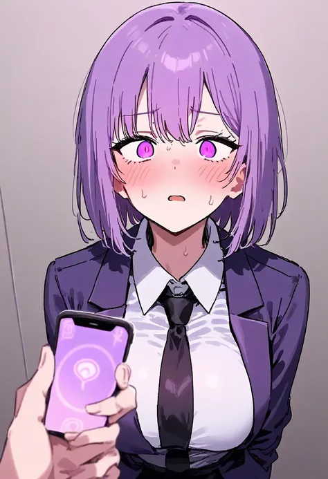  masterpiece,  top quality,  good quality , uniform,  purple eyes, Yuri Tern,  purple hair,   medium hair , ,#concept #  mind control # 、 kinky  #hypnotism # phone #Cell phone  #  mind control device #hypnotismsis app, st,hypnotismにかけられた目