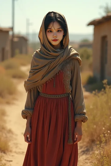 Iraqi, 19 year old, very pale white skin, head scarf, black hair covering with head scarf, small hazel eyes, wearing old dress, standing, (Iraq), sunny atmosphere