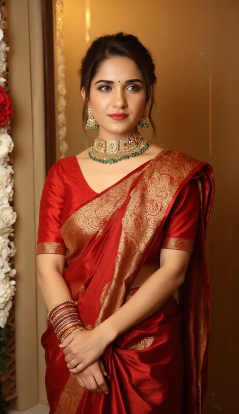 A gorgeous Bengali wife blending tradition with modern elegance. She wears a stylish red and gold Banarasi saree draped in a contemporary way, paired with a designer blouse featuring intricate embroidery. Her jewelry includes a sleek maang tikka, delicate ...