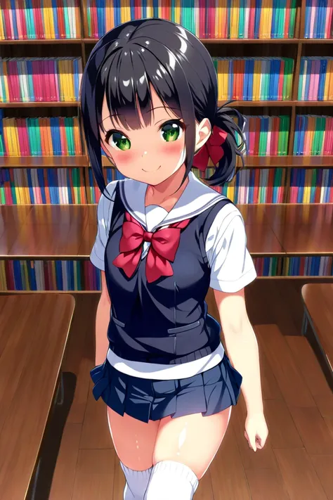 cute, girl, , 6th elementary school student, black hair, Bob-Half up-short ponytail, (Short), ((School uniform)), (Miniskirt), vest, white knee-high socks, medium bust, (((shiny skin))), blush, smile, (((Loli))), see-nipples, school library