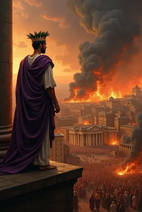 Create me a picture of the emperor Nero burning Rome