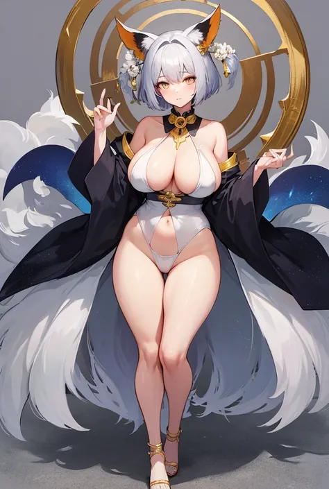 Kitsune girl with 9 tails ,  woman with short silver hair,  shiny golden eyes , Milf, Madura, mujer Madura, sexy,  full body, Thick breasts and thighs ,  full body bajo la luz de la luna roja