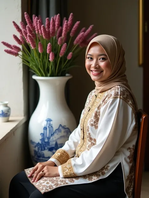 " an indonesian woman,  The woman is wearing a traditional white long-sleeved shirt with brown and yellow floral print.  The woman is wearing a headscarf and black pants . she is sitting on a wooden chair , with a little smile , looking at the camera. Thei...