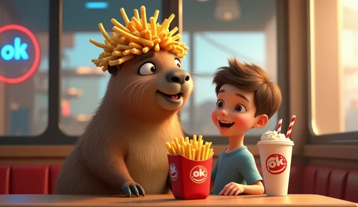 A realistic capybara sitting inside a fast-food restaurant, looking surprised. The capybara has French fries stacked on its head like a wig. Beside the capybara, a happy young boy with short brown hair is smiling at it. They are sitting at a table with a l...