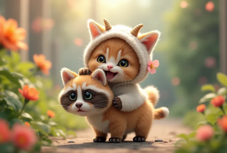  kitten wears a baby goat costume、Put flower decorations on your ears、Ride on the back of a stuffed raccoon dog、 is laughing。garden。
 real kittens。