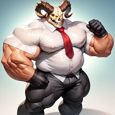 a man with a big giant musclegut tall wide body and big round gut using black suit, white shirt, red tie, black pants, black gloves and skull head which cover every of his face with horn on the both sides. standing still, solo, very big body, very tall bod...