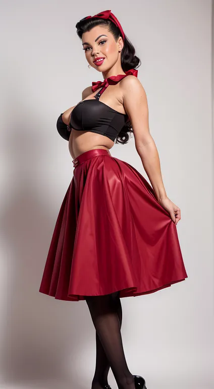 Ultra-high resolution The girl leans forward at full height adding mystery and sexuality. (((Full length. the fluffy skirt rides up in the strong wind))) (((full skirt in pin-up style, knee-length)))
The dress in the style of the 1950s, complete with a ful...