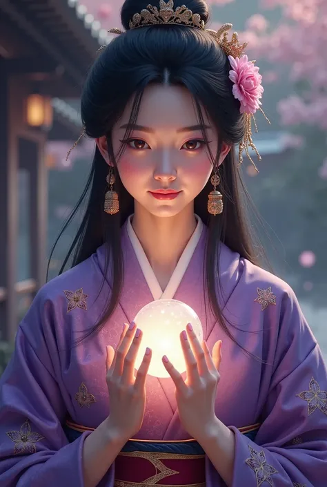 Super realistic depiction 、 drawn as a real human woman 。 wearing an elegant purple kimono embroidered with gold 、 black hair styled in a traditional style 。 facing forward with a gentle smile 、 sky pattern similar to a sacred seal 、 looking forward with a...