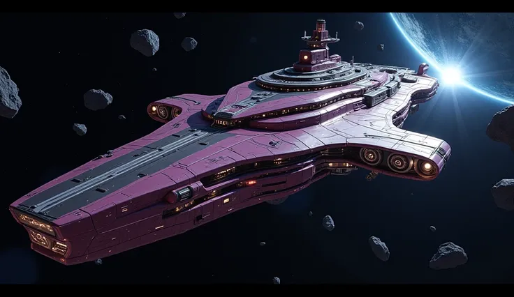  realistically.4K HD:, spaceship,  with kilometers in length , Luxury cruise shaped with LEDs, battleship , the imposing, metallic pink silver details , a luz  realistically banha seu grossa blindagem, formando sombras  realistically em sua estrutura robus...