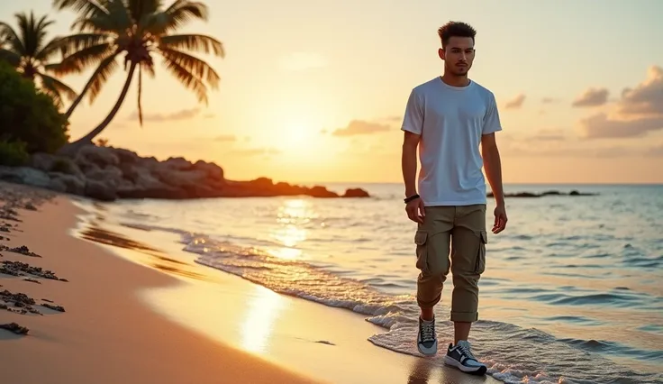 "A realistic handsome Indonesian man walking along the edge of a beautiful beach, with a serene and breathtaking view of the ocean and clear skies. He is wearing a casual white t-shirt, cargo pants, and sporty sneakers. as he walks barefoot on the soft san...