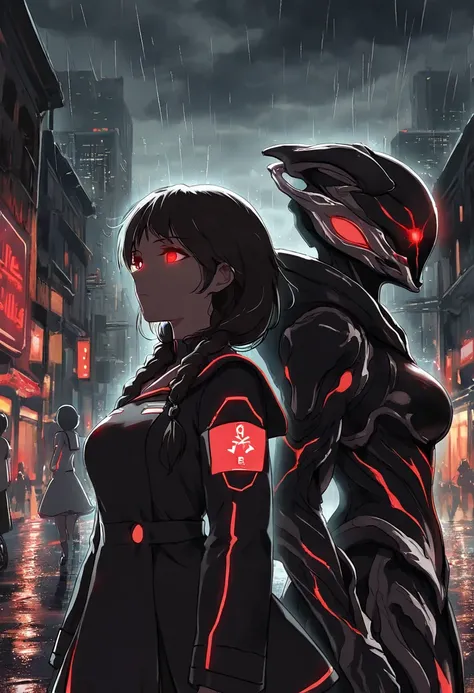  1 Japanese Girl , Warframe,   Gaming Idol Research Institute  , heavy metal, Energy lines,  is expressionless ,  Glowing Eyes, Elegant, Intense, blood red and black uniform,  is unique, modern, City, street,  dark clouds , thunderstorm, heavy rain,,  Dram...