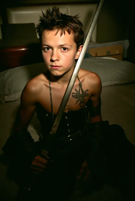 (((SPIKED HAIR, TATOO))),SHIRTLESS, ON BED, 1BOY , NAKED, UNDERWEAR, Award-winning RAW photograph captures the essence of a young boy pirate, his determined gaze piercing through the darkness. Half-body shot showcases his rugged charm as he wields his swor...