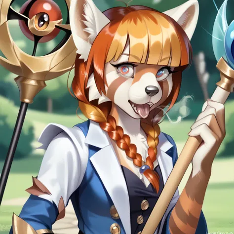  Furry female Anthro Red-Panda Magician ,  sexy young figure ,  magician's torn robe after a battle ,  visible chest , papillae are visible, Furry female Antro Red-Panda, in the hands of a battle magician's staff, casts the magic of death,  Furry female fl...